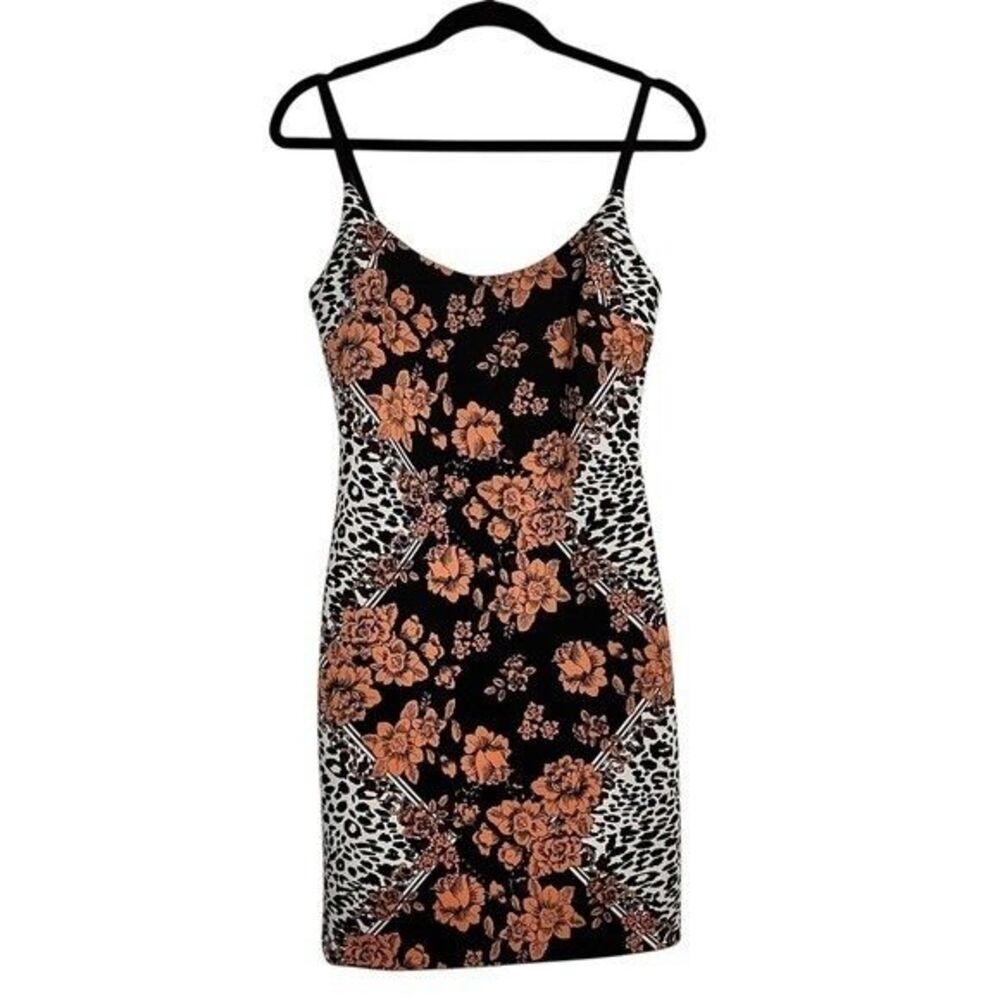 Guess Women's Black Orange Floral Leopard Print Sheath Dress Size M